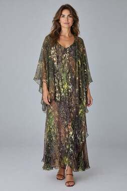 Vtg Simply Silk Sz 3X Burnout Maxi Dress Kimono Jacket Set Layered Brown Green
